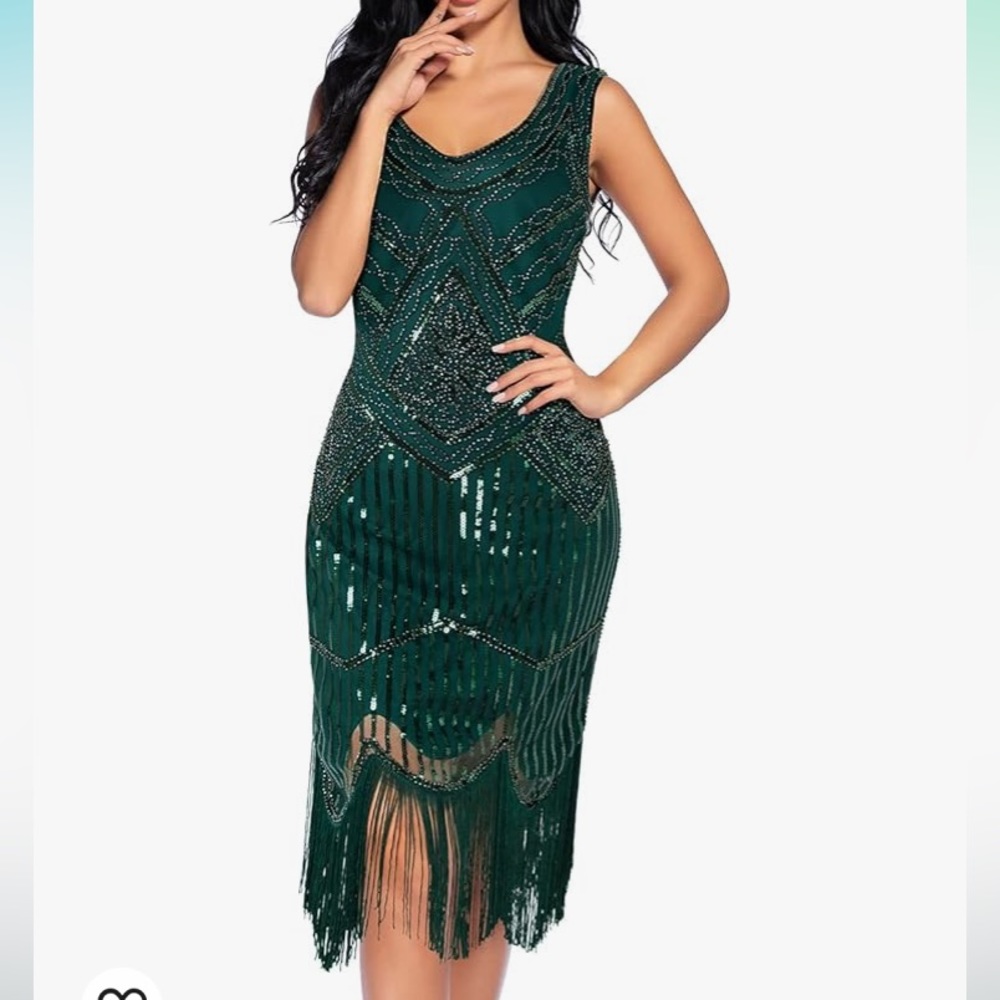 NWT FUNDAISY green/black detailed beaded/fringe 1920s style dress , 4 XL